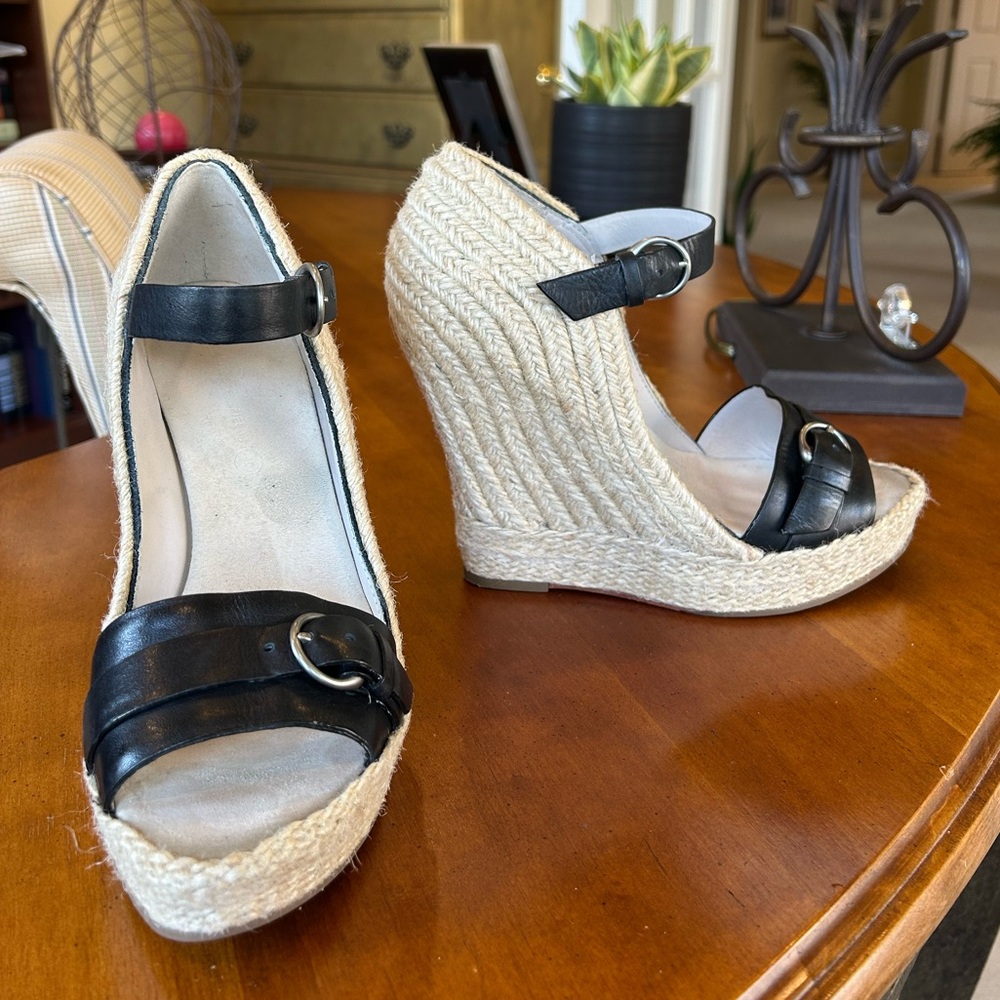 All Saints Black Leather Espadrille Wedge Sandals size 40(9)